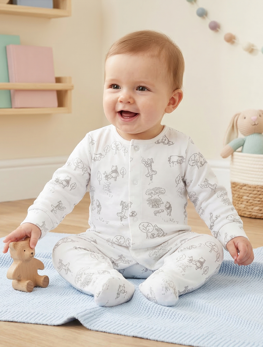 WHITE PRINTED BUTTON SLEEPSUIT