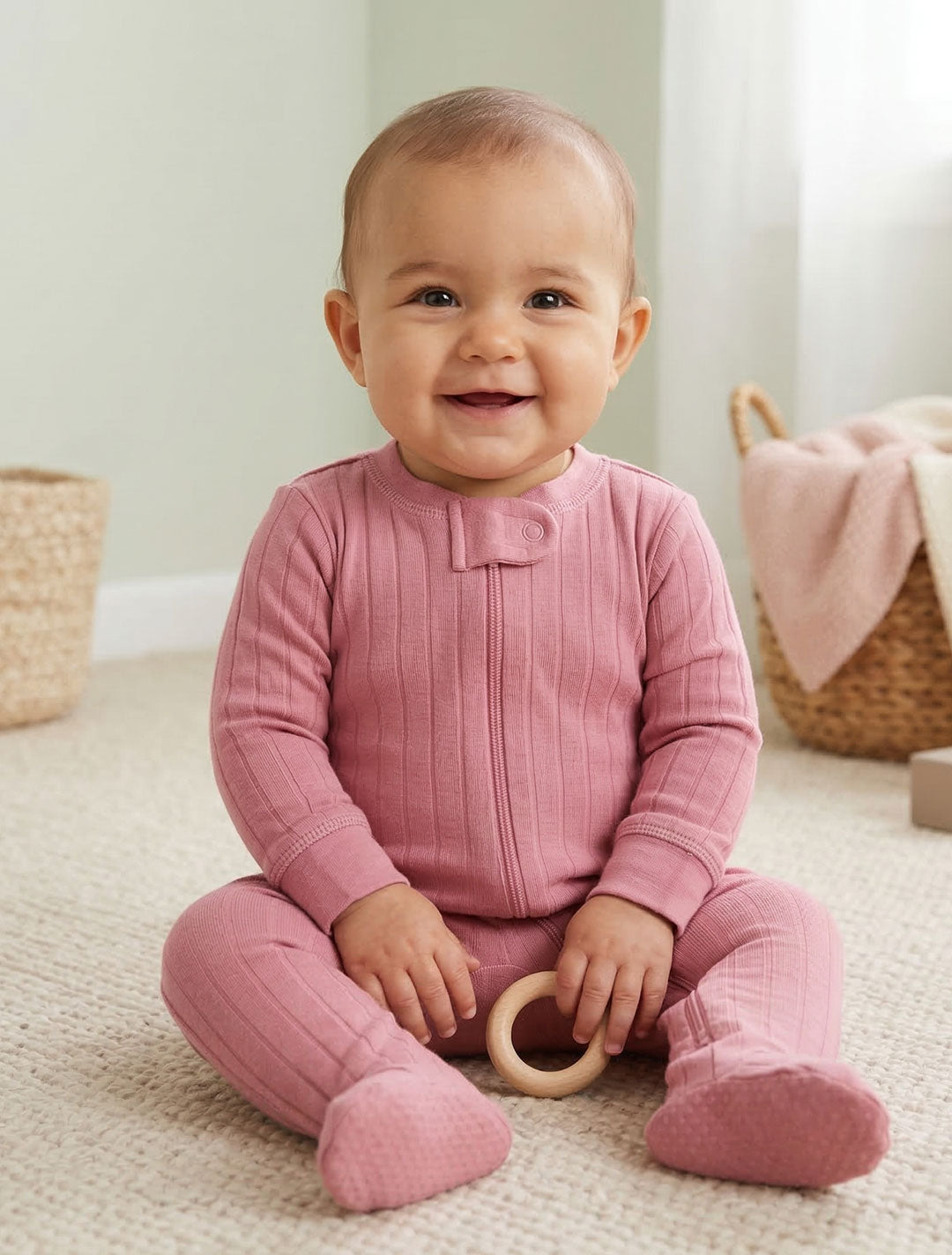 PINK RIBBED SLIM FITTED SLEEPSUIT