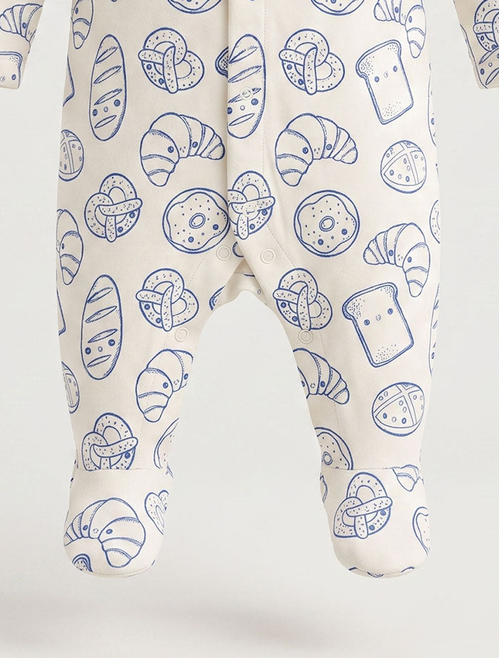 White and blue printed button sleepsuit