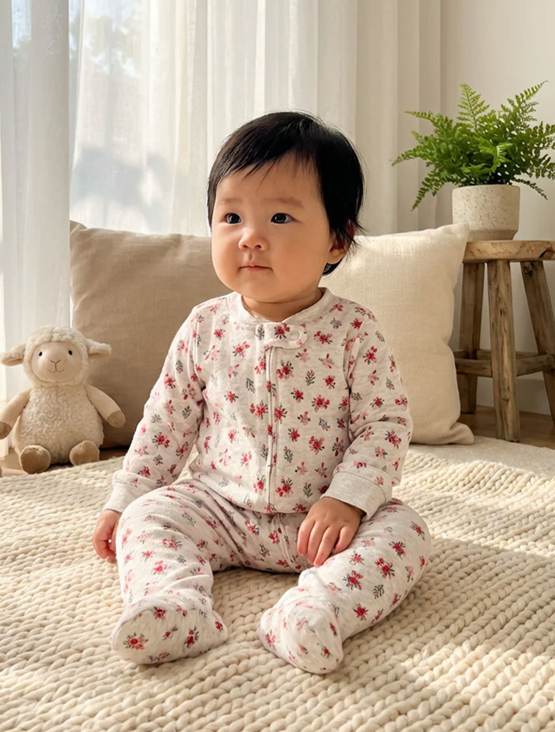 GREY RED FLORAL ZIPPER SLEEPSUIT