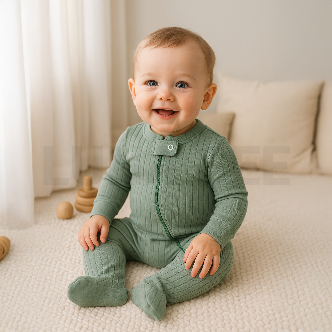 SAGE GREEN RIBBED SLEEPSUIT