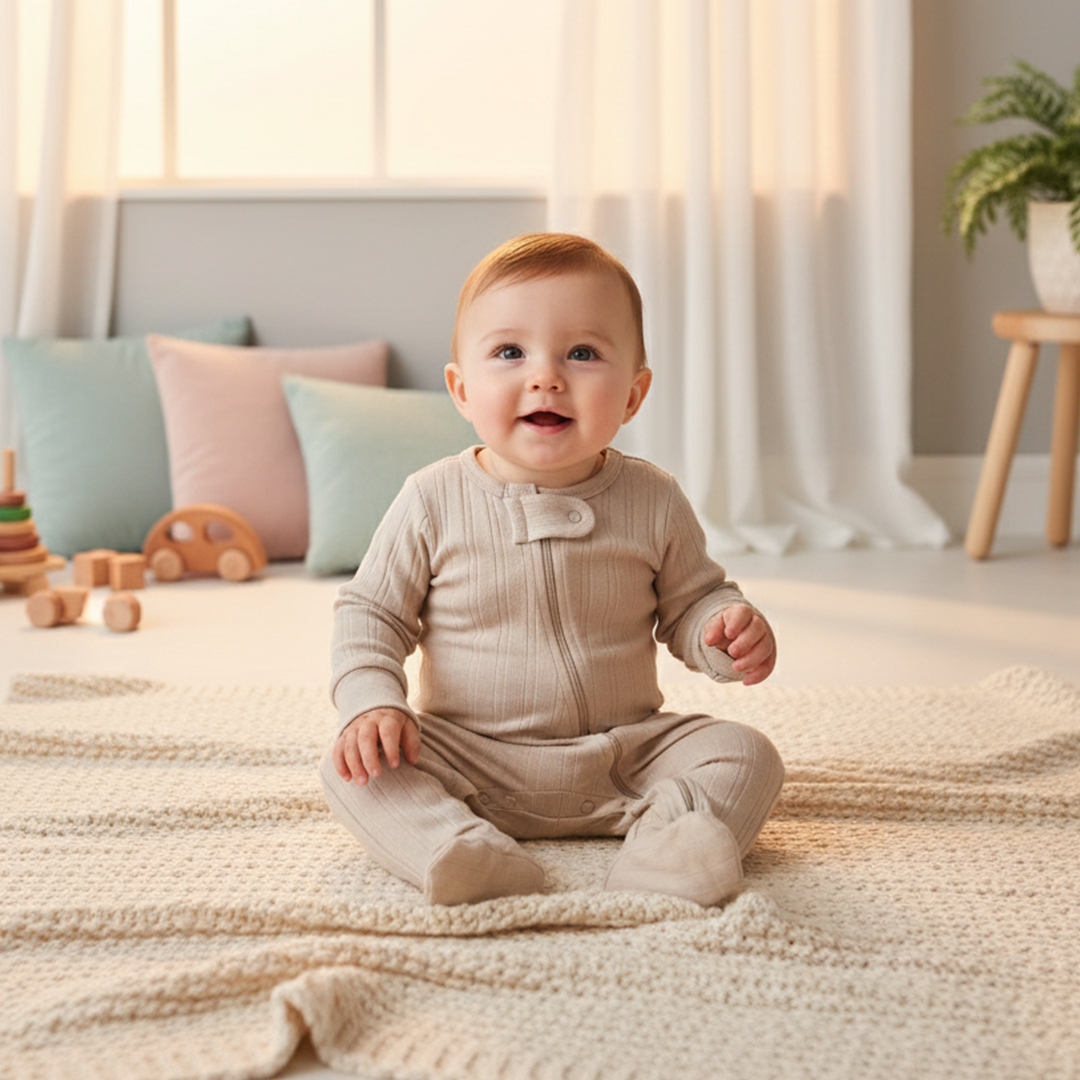 BEIGE RIBBED ZIPPER SLEEPSUIT