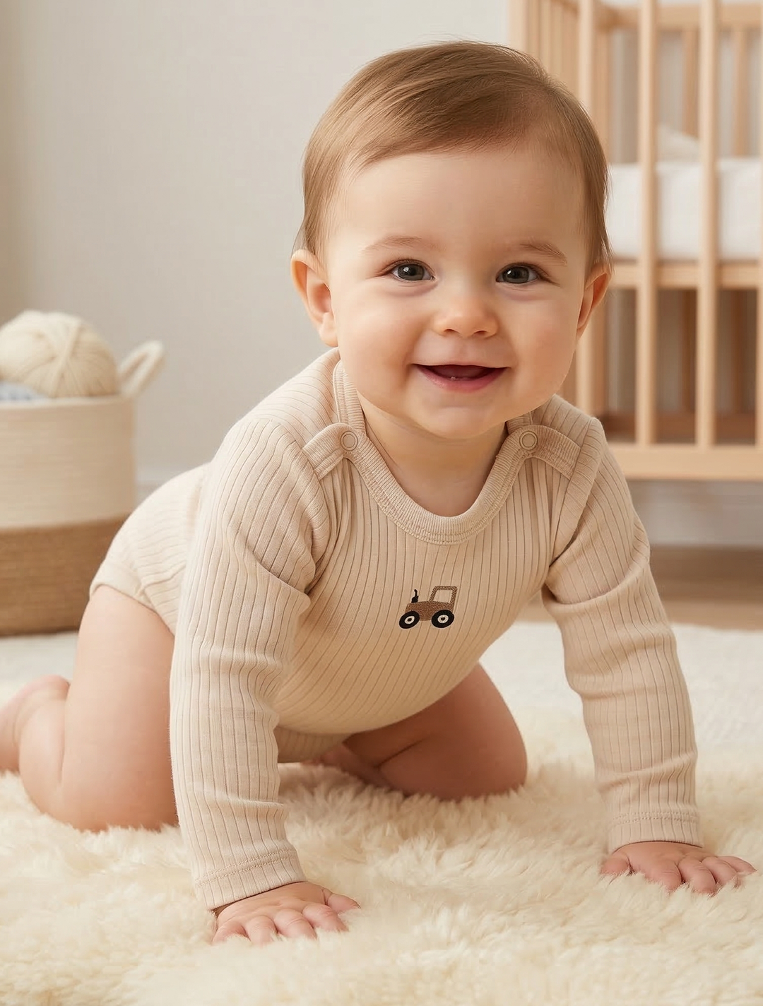 BEIGE CAR PRINTED RIBBED ONESIE