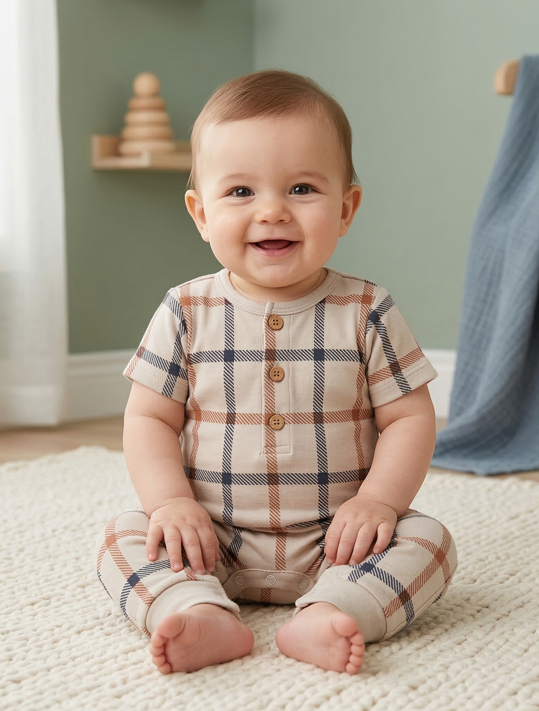 BEIGE CHECK BUTTON ROMPER