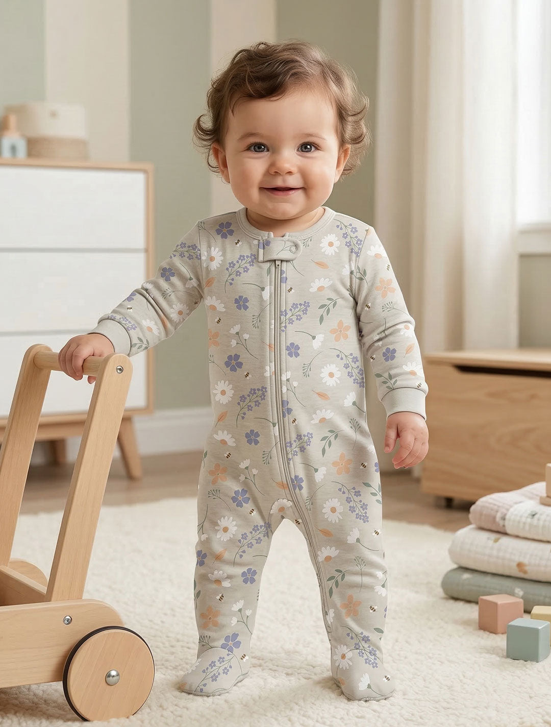 GREY GREEN FLORAL ZIPPER SLEEPSUIT