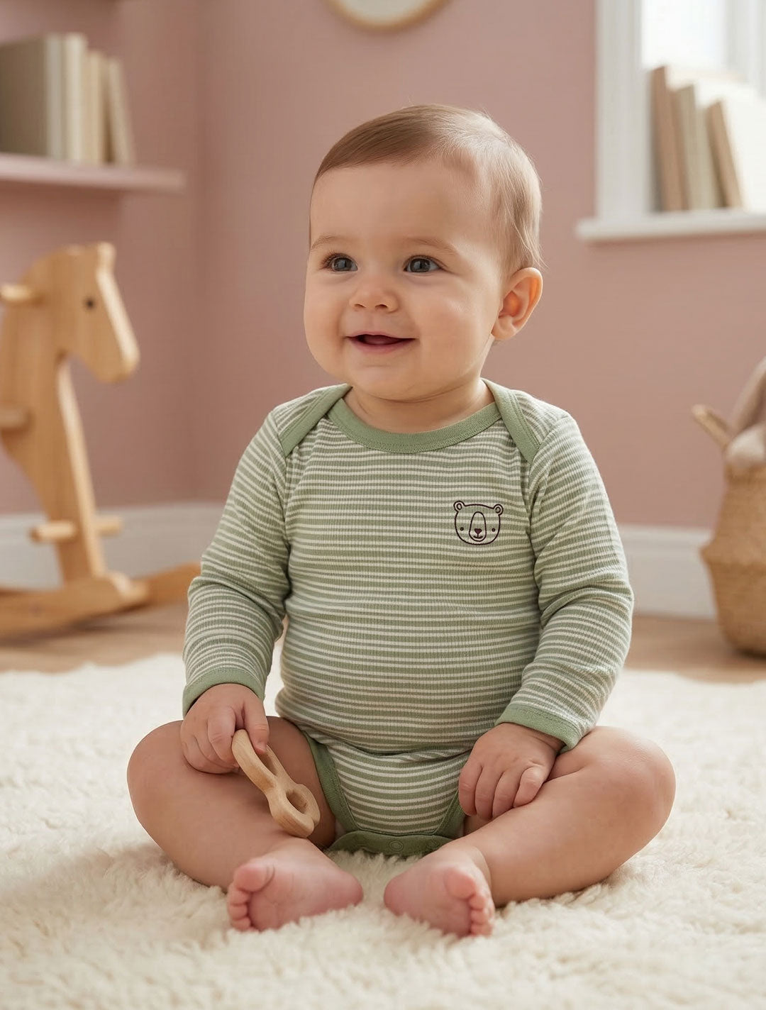 GREEN AND WHITE STRIPED RIBBED ONESIE
