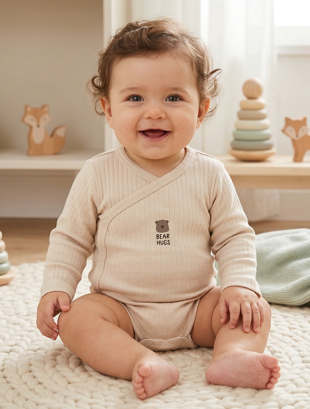 BEIGE BEAR RIBBED WRAPOVER ONESIE