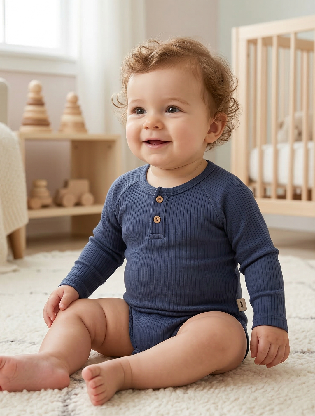 NAVY BLUE RIBBED BUTTON ONESIE