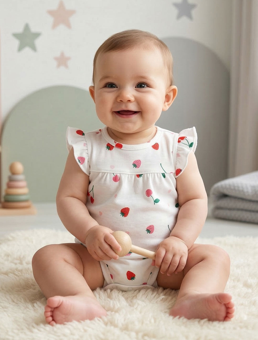 WHITE STRAWBERRY PRINTED FANCY ONESIE