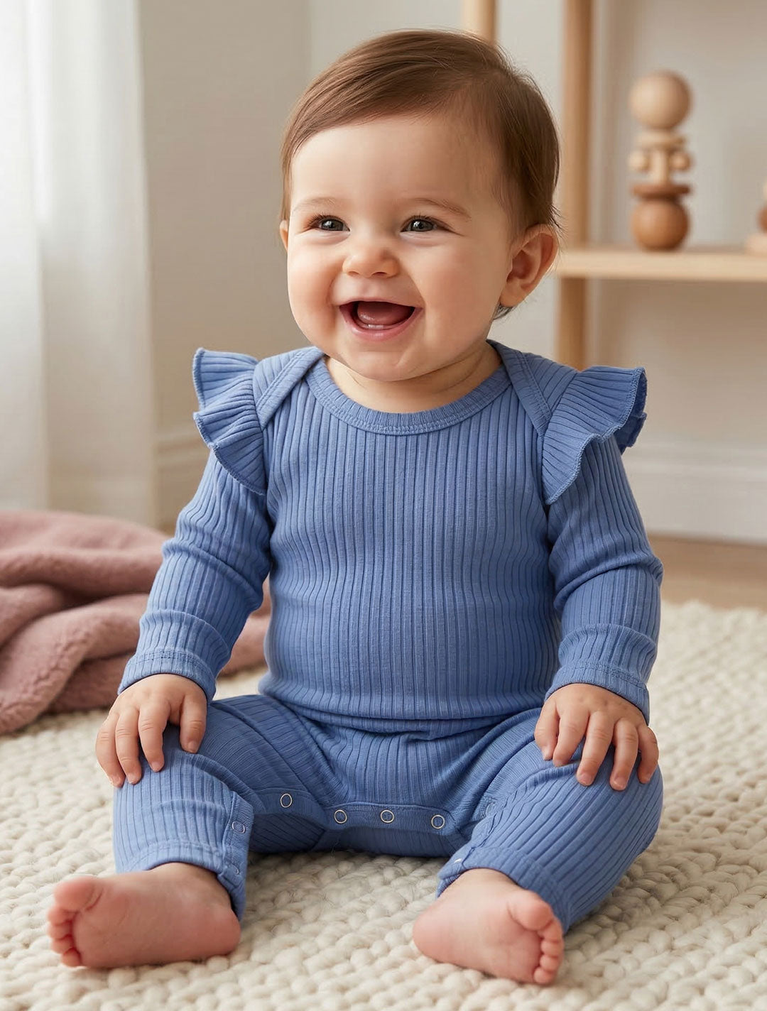 BLUE RIBBED RUFFLE ROMPER