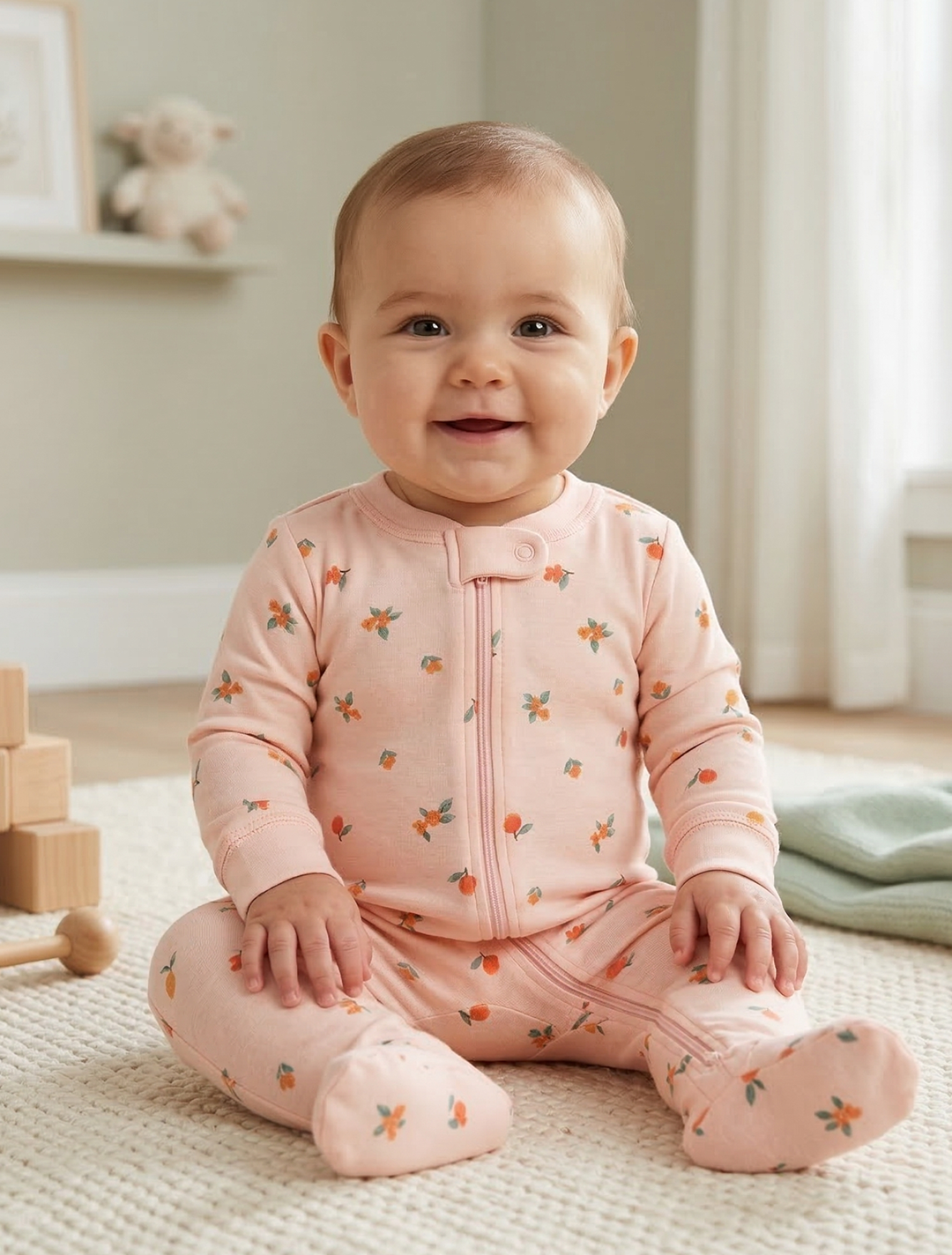 PEACH FLORAL PRINTED ZIPPER SLEEPSUIT