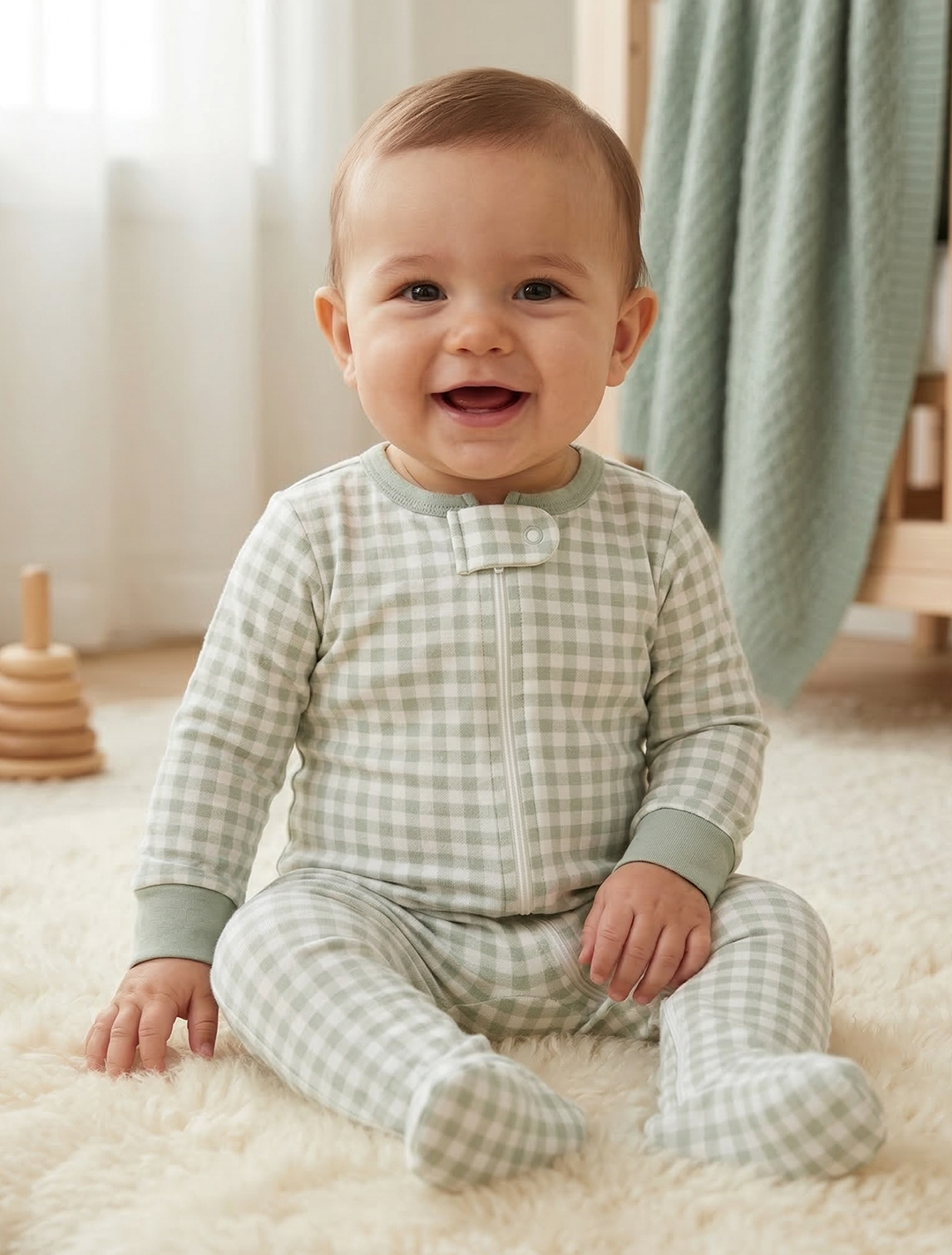 GREEN WHITE CHECK ZIPPER SLEEPSUIT