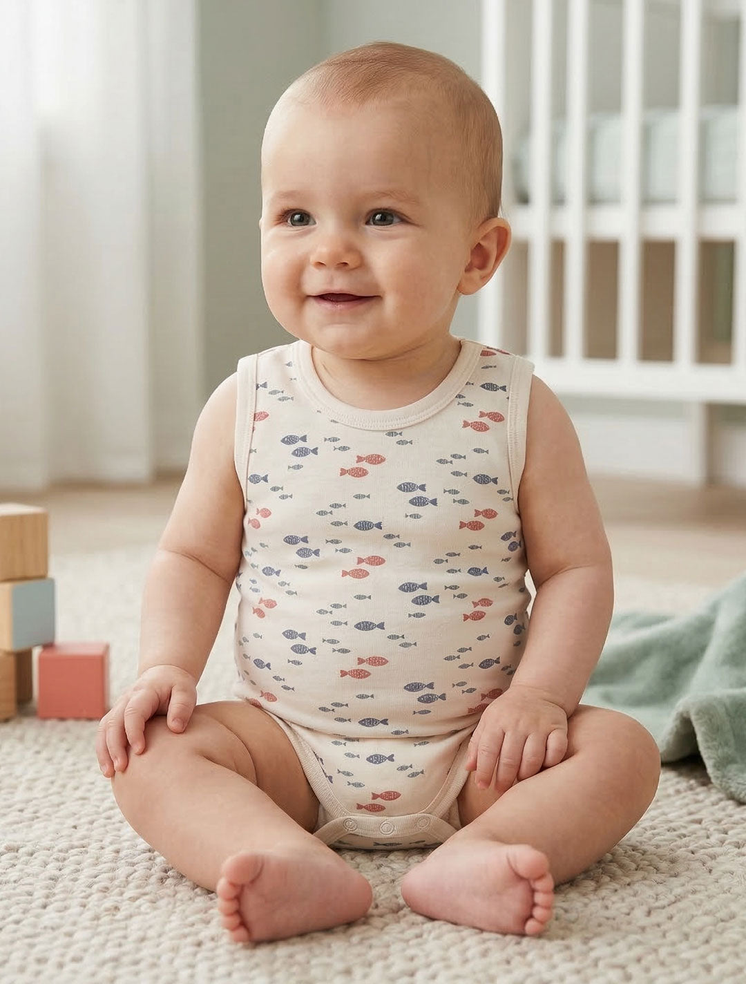 FISH PRINTED SLEEVELESS ONESIE