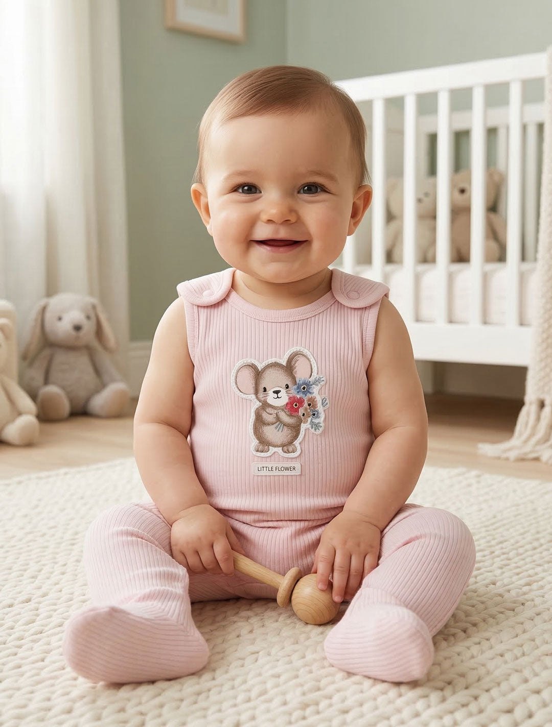 BLUE RIBBED LITTLE FLOWER SLEEPSUIT