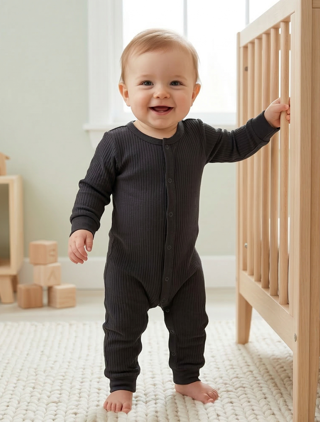 BLACK RIBBED BUTTON ROMPER