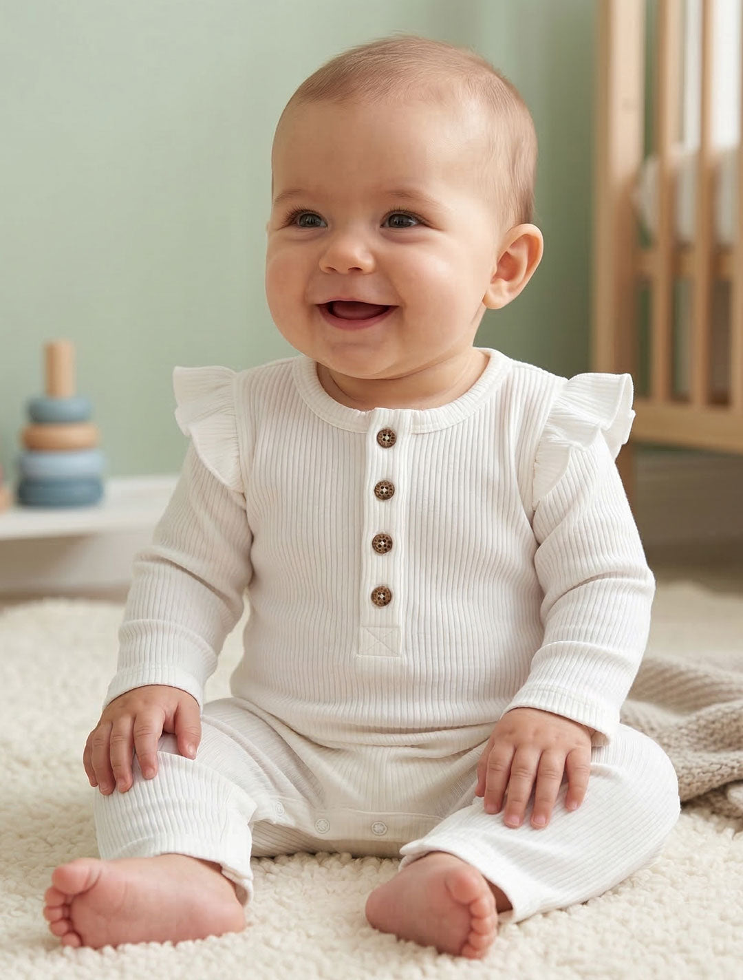 WHITE RUFFLED RIBBED ROMPER
