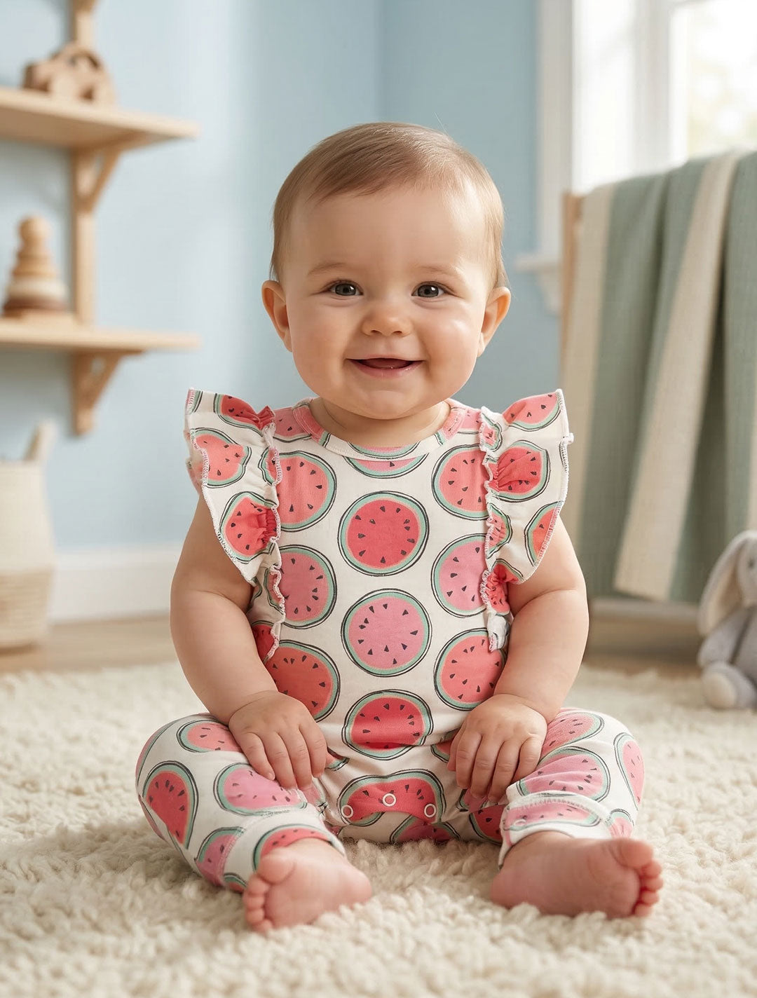 WATERMELONE PRINTED RUFFLED ROMPER