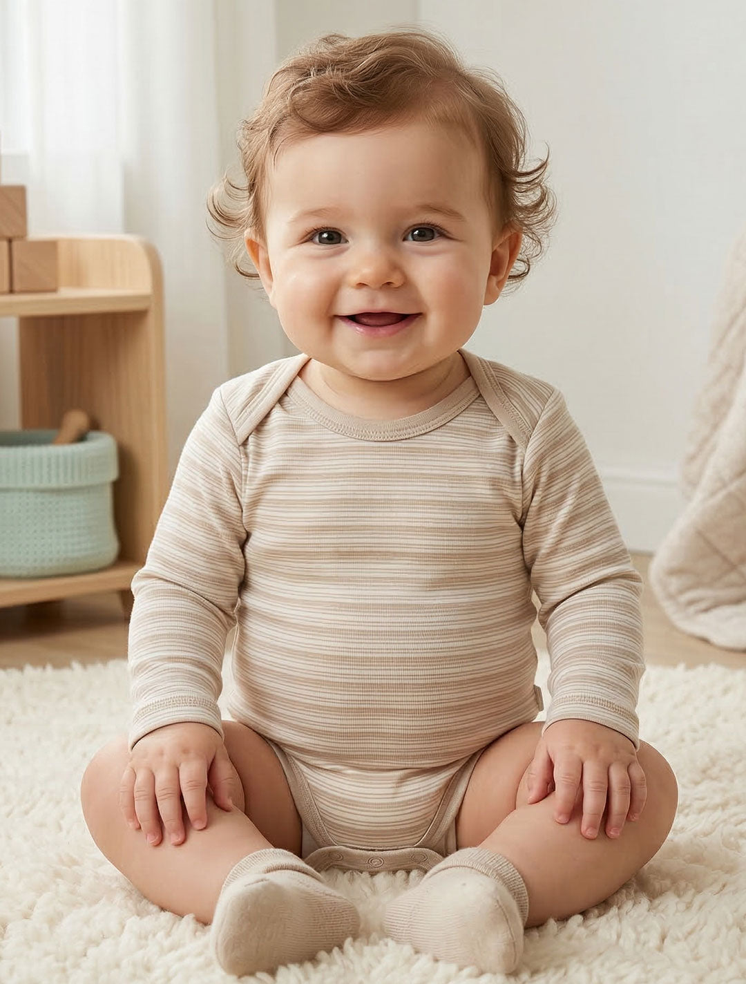 BEIGE WHITE STRIPED ONESIE