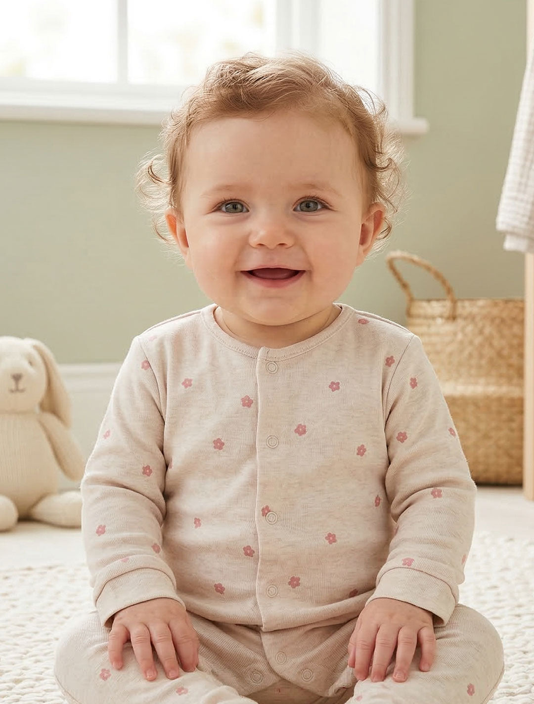 BEIGE FLORAL BUTTON PRINTED ROMPER