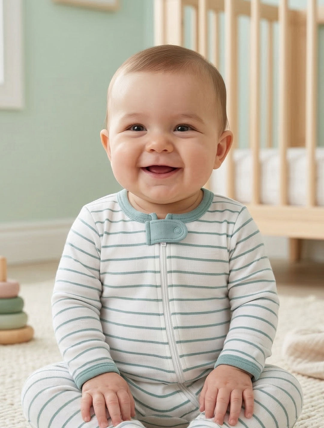 BLUE AND WHITE VISCOUS STRIPED SLEEPSUIT