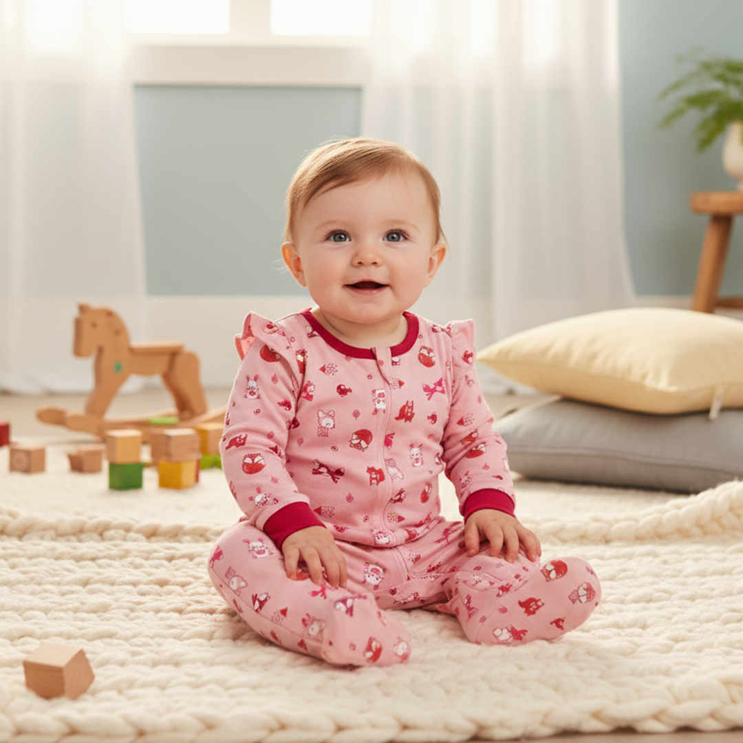 PINK ZIPPER PRINTED SLEEPSUIT