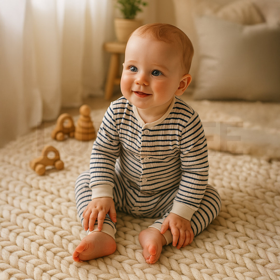 NAVY BLUE STRIPED RIBBED ROMPER