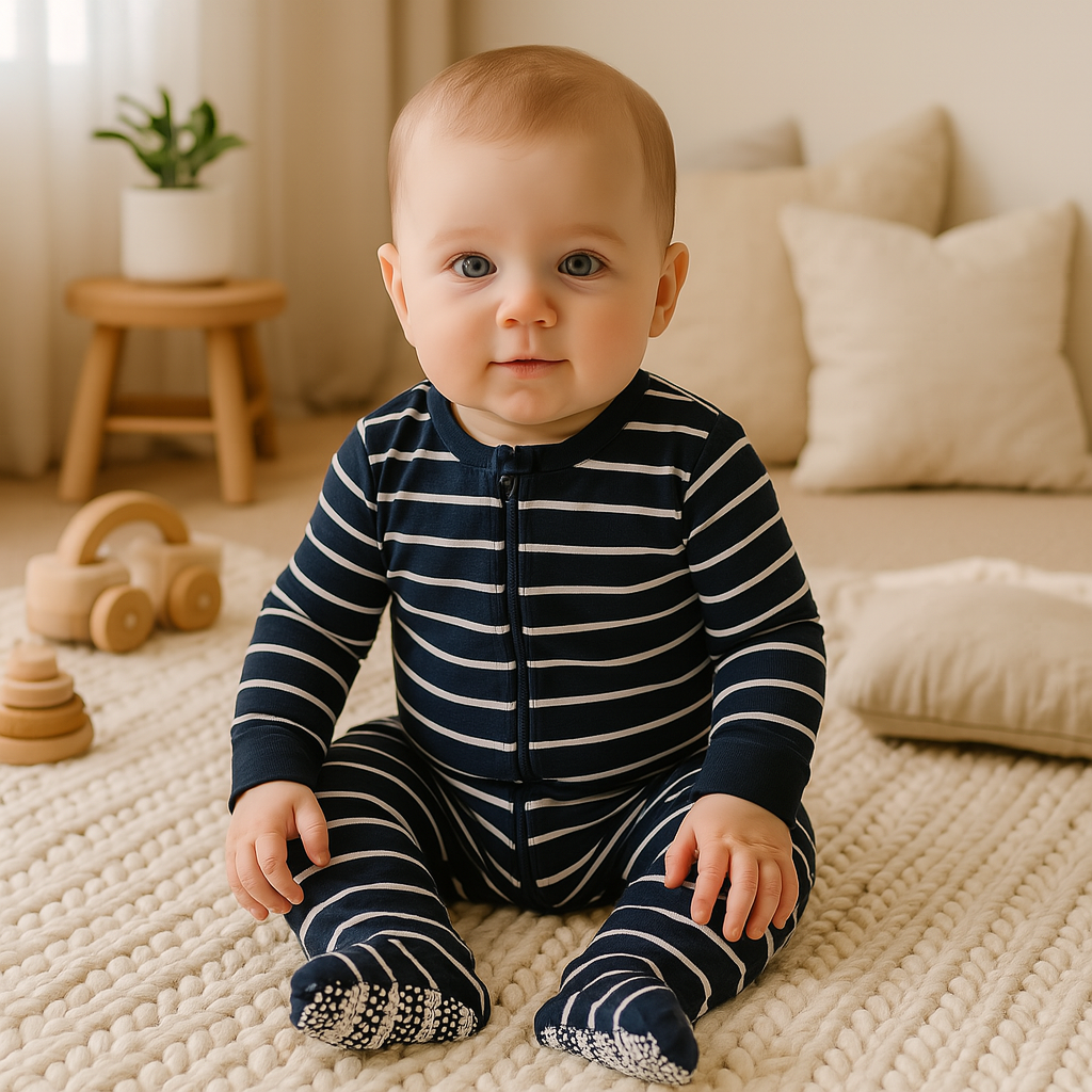 BLACK AND WHITE STRIPED SLIM FITTING SLEEPSUIT
