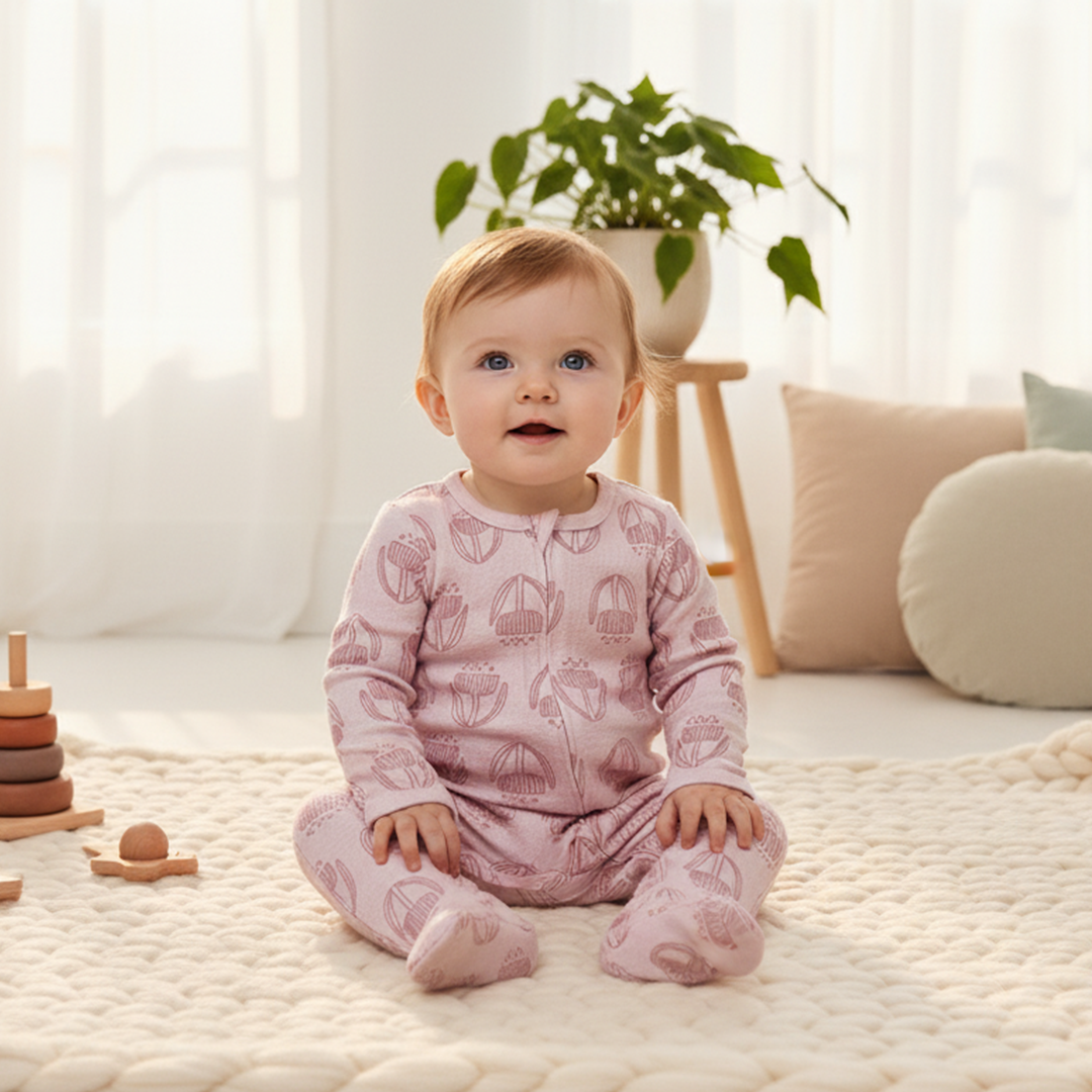 PINK PRINTED VISCOUS ZIPPER SLEEPSUIT