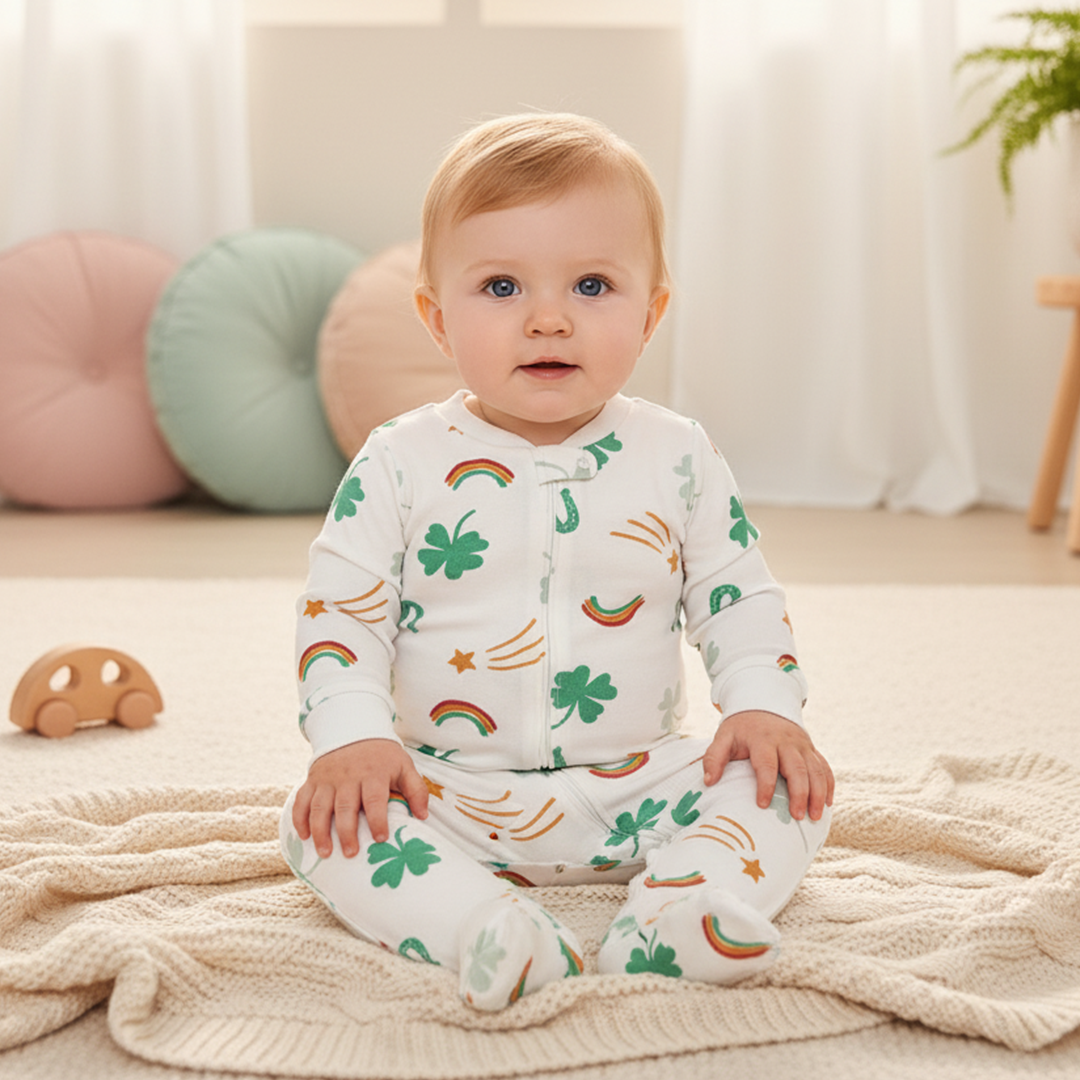 WHITE PRINTED ZIPPER SLEEPSUIT