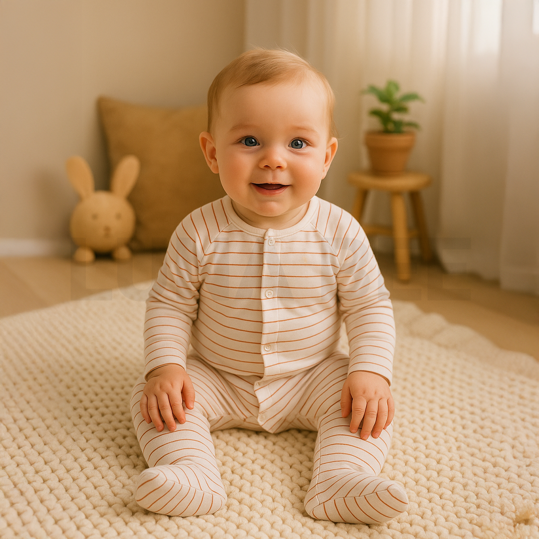 WHITE STRIPED BUTTON SLEEPSUIT