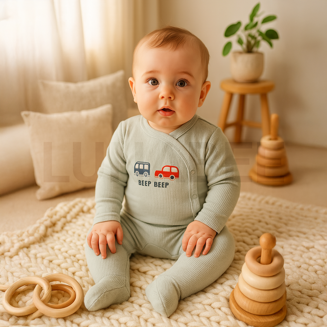 PASTEL GREEN RIBBED SLEEPSUIT