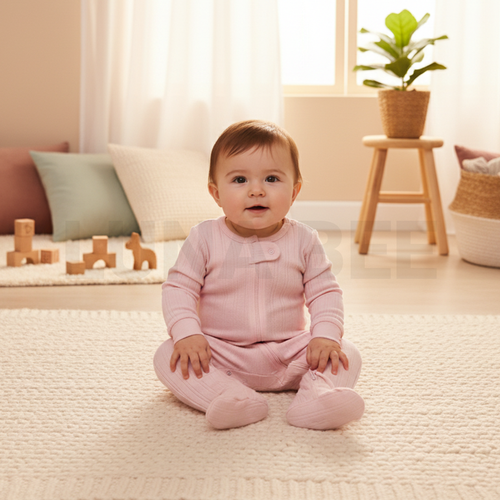 BABY PINK RIBBED ZIPPER SLEEPSUIT