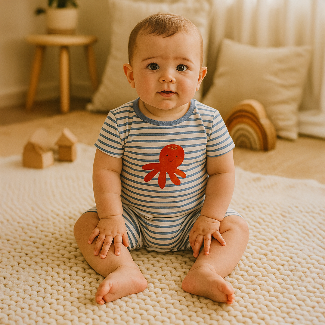 MOTHERCARE BLUE AND WHITE STRIPED JUMPSUIT