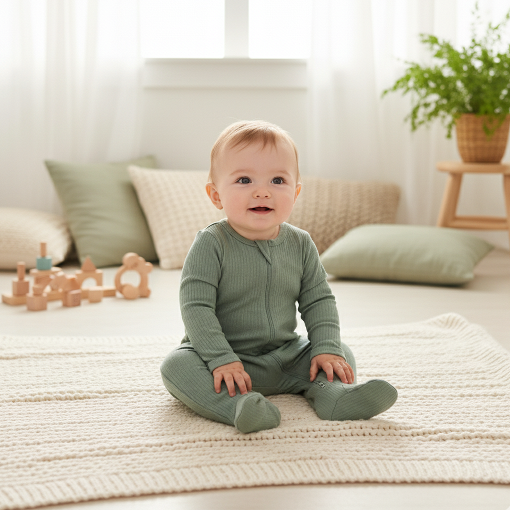SAGE GREEN RIBBED SLEEPSUIT