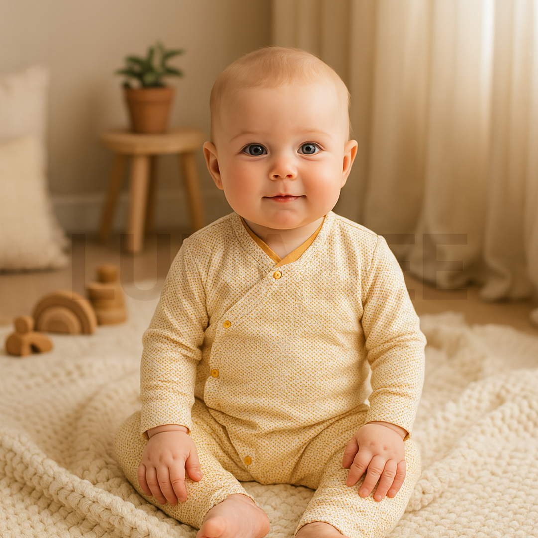 YELLOW DOTTED WRAP BUTTON ROMPER