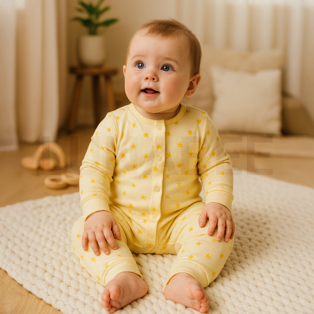 YELLOW STAR PRINTED RIBBED ROMPER