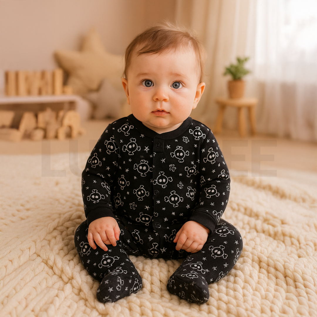 BLACK PRINTED ZIPPER SLEEPSUIT