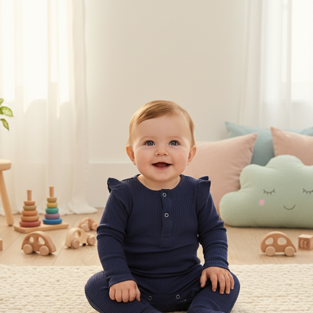 NAVY BLUE RIBBED RUFFLED ROMPER