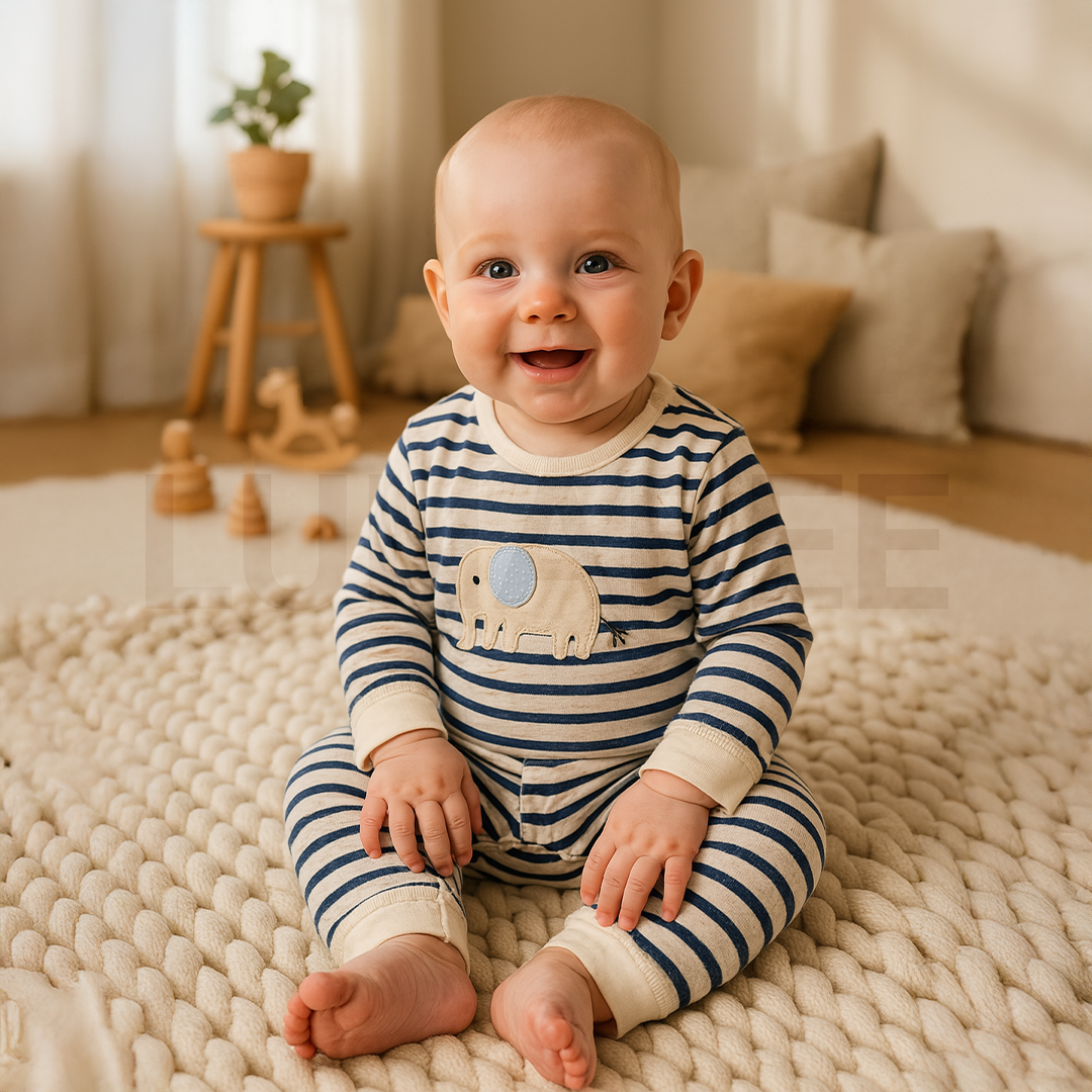 NAVY BLUE ELEPHANT STRIPED ROMPER