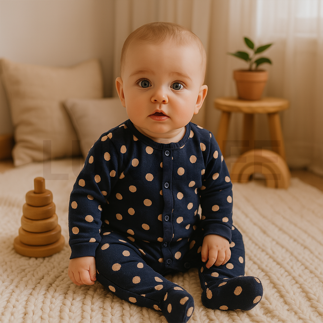 NAVY BLUE DOTTRF BUTTON SLEEPSUIT