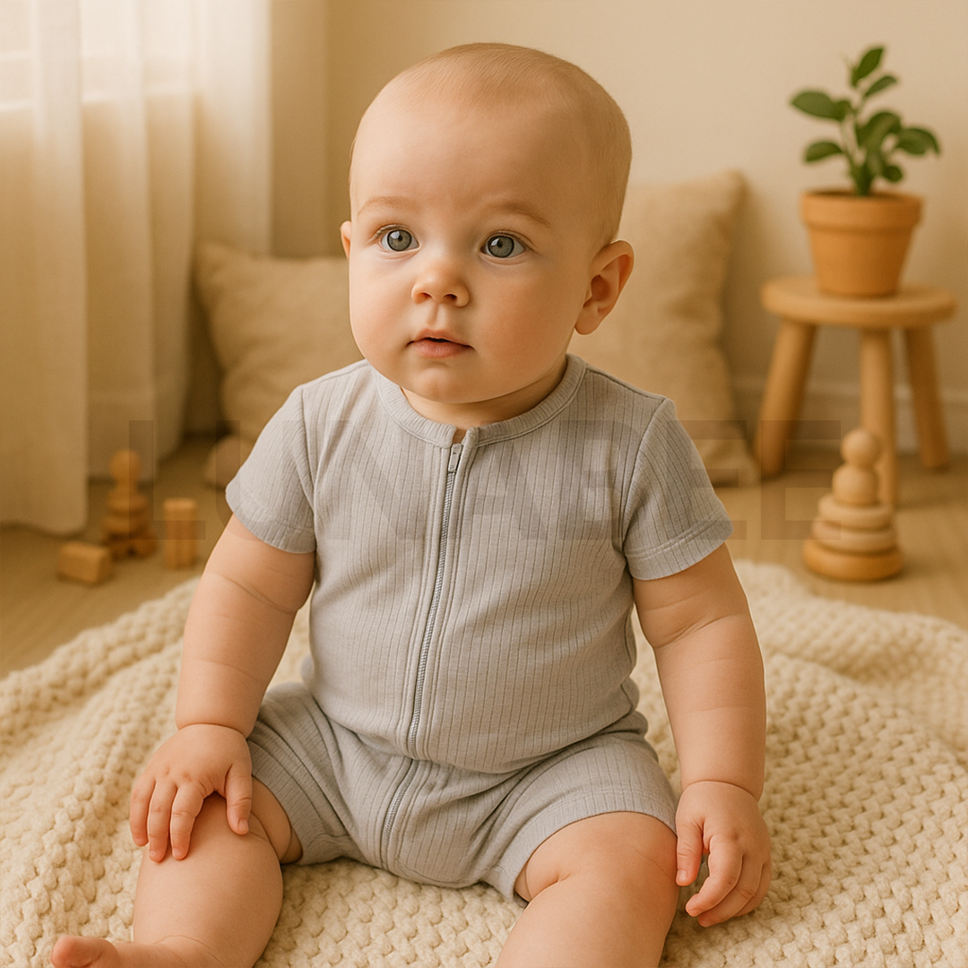 BLUE GREY RIBBED ZIPPER JUMPSUIT