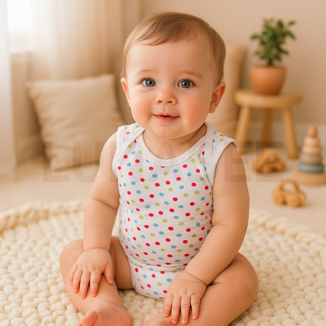 MULTICOLOR DOTTED  SLEEVLESS ONESIE