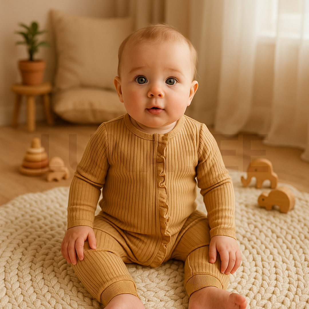 Tan colored ribbed ruffled romper