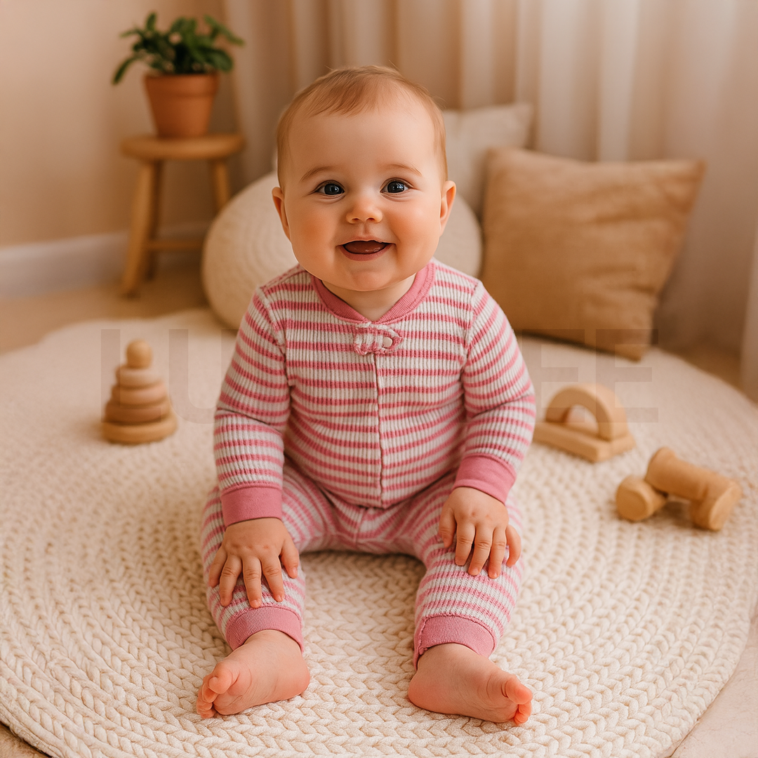 Pink striped ribbed material romper