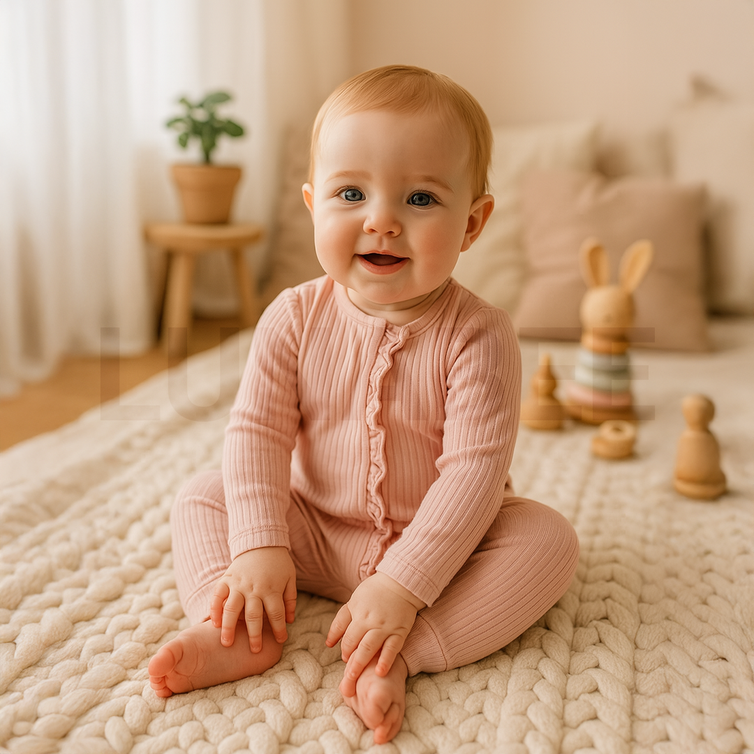 peach ribbed ruffles on front romper