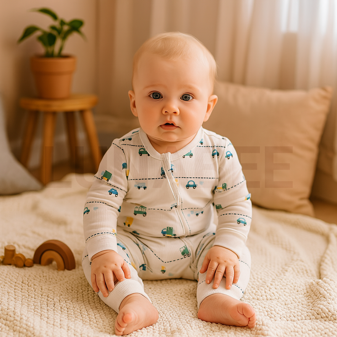 WHITE CAR PRINTED RIBBED ROMPER