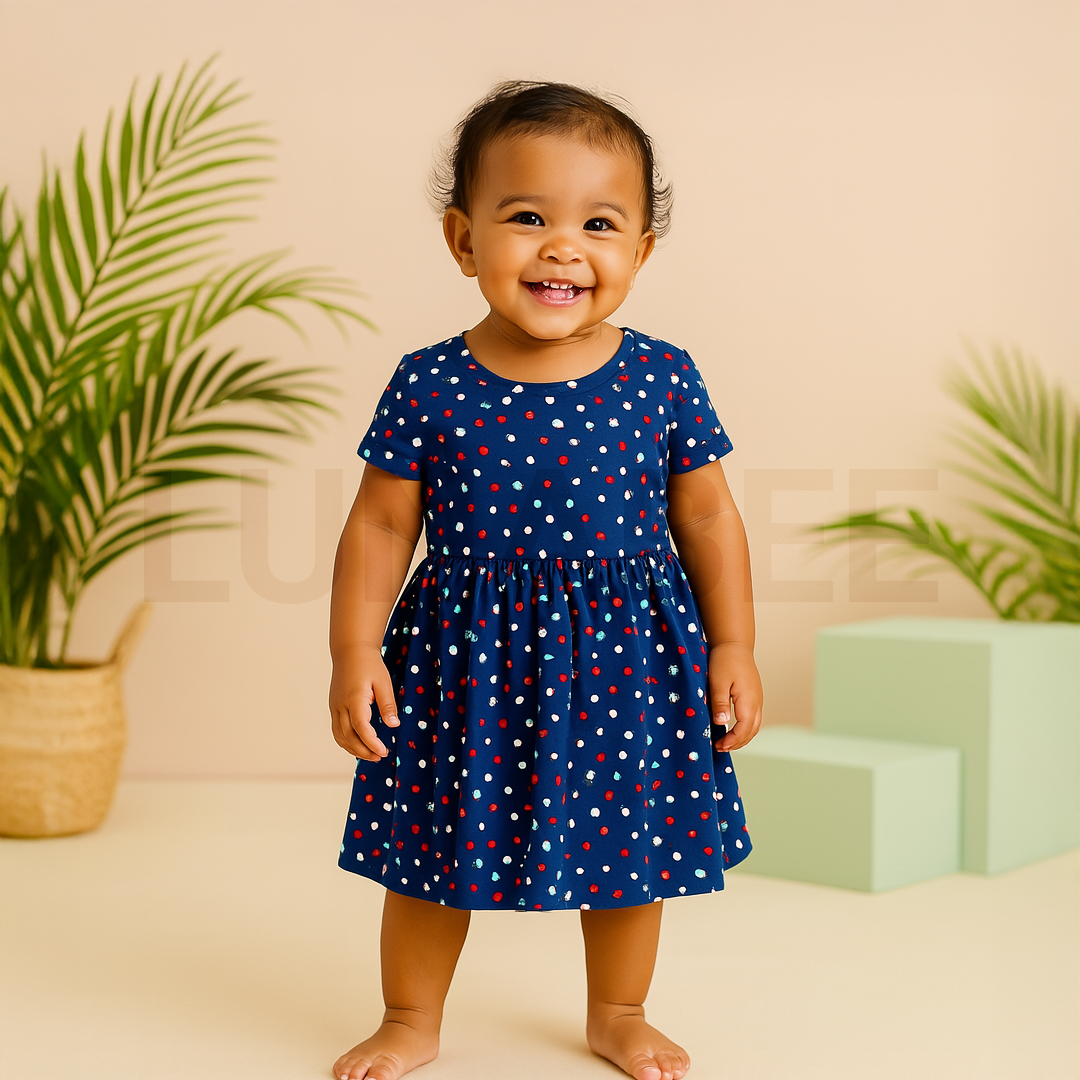 Dot Printed Dark Blue Girls Frok
