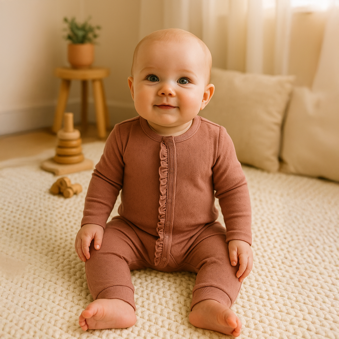 Dusty rose pointelle ruffled romper