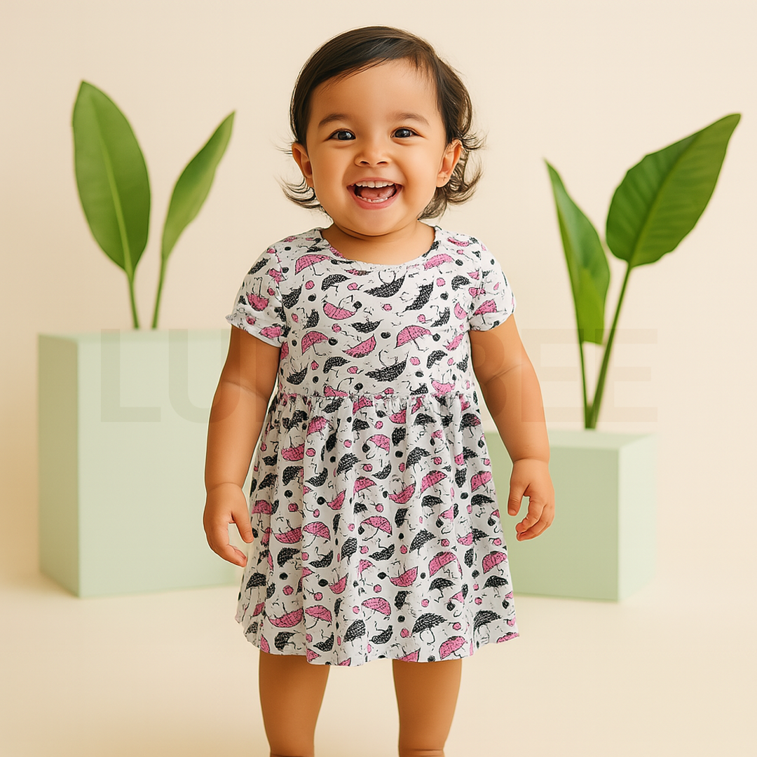 Umbrella Pattern Printed Light Gray Frock for Girls  | 5-6 Years |