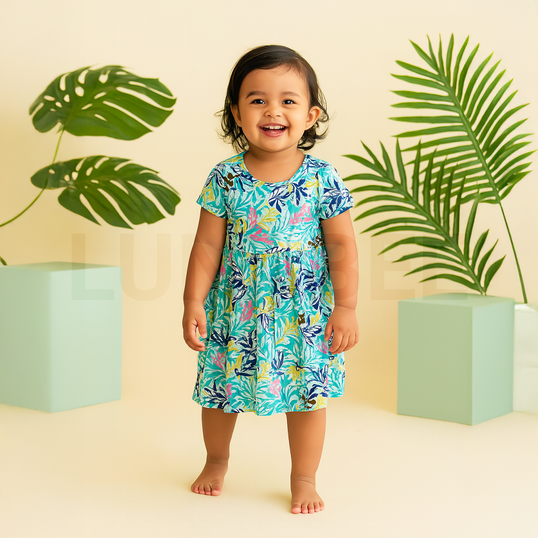 Multi Color Leaf Pattern Girls Frok | 5-6 Years |